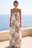 A-Line Sweetheart Ivory Chiffon Pleated Maxi Floral Dress with Neck Scarf