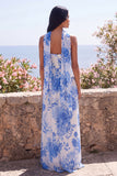 Blue Flower A-Line Strapless Chiffon Maxi Dress with Neck Scarf