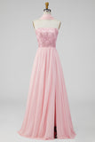 A-Line Strapless Pink Chiffon Maxi Floral Dress with Slit