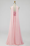 A-Line Strapless Pink Chiffon Maxi Floral Dress with Slit