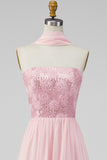 A-Line Strapless Pink Chiffon Maxi Floral Dress with Slit