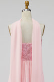 A-Line Strapless Pink Chiffon Maxi Floral Dress with Slit