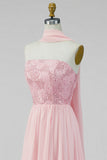 A-Line Strapless Pink Chiffon Maxi Floral Dress with Slit