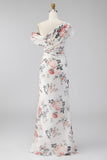 One Shoulder Black Mermaid Floral Ruched Chiffon Long Formal Dress