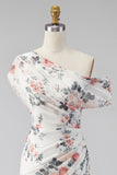 One Shoulder Black Mermaid Floral Ruched Chiffon Long Formal Dress