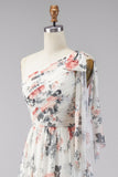 Ivory A-Line One Shoulder Chiffon Ruched Floral Maxi Dress with Slit