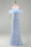 Mermaid Blue Off the Shoulder Ruffled Maxi Floral Dress with Appliques