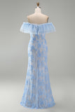 Mermaid Blue Off the Shoulder Ruffled Maxi Floral Dress with Appliques