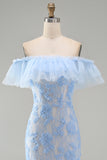 Mermaid Blue Off the Shoulder Ruffled Maxi Floral Dress with Appliques