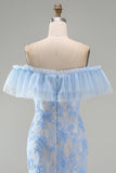 Mermaid Blue Off the Shoulder Ruffled Maxi Floral Dress with Appliques