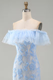 Mermaid Blue Off the Shoulder Ruffled Maxi Floral Dress with Appliques