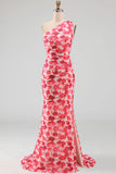 Pink Mermaid One Shoulder Chiffon Floral Maxi Dress