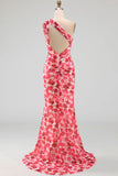 Pink Mermaid One Shoulder Chiffon Floral Maxi Dress