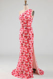 Pink Mermaid One Shoulder Chiffon Floral Maxi Dress