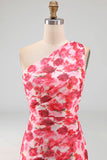 Pink Mermaid One Shoulder Chiffon Floral Maxi Dress