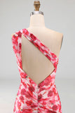 Pink Mermaid One Shoulder Chiffon Floral Maxi Dress