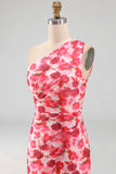 Pink Mermaid One Shoulder Chiffon Floral Maxi Dress