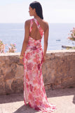 Pink Mermaid One Shoulder Chiffon Floral Maxi Dress