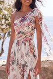 Ivory A-Line One Shoulder Chiffon Ruched Floral Maxi Dress with Slit