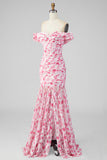 Off the Shoulder A Line Pink Floral Maxi Dress with Slit