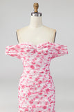 Off the Shoulder A Line Pink Floral Maxi Dress with Slit