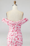 Off the Shoulder A Line Pink Floral Maxi Dress with Slit