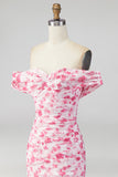 Off the Shoulder A Line Pink Floral Maxi Dress with Slit