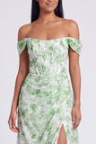 Off The Shoulder Blue Floral A Line Formal Dress with Slit