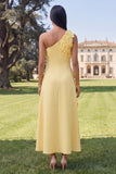 Yellow One Shoulder A-Line Midi Floral Dress