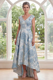 A-Line Blue V-Neck Floral Jacquard High Low Mother Of the Bride Dress with Cap Sleeves