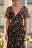 A-Line Black V-Neck Floral Tulle Long Mother Of the Bride Dress with Flutter Sleeves