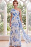 Chiffon White Blue Flower One Shoulder Ruched Long Mother Of the Bride Dress with Sash