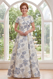 Dusty Blue Jacquard Round Neck Floral Long Mother Of the Bride Dress with Short Sleeves