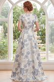 Dusty Blue Jacquard Round Neck Floral Long Mother Of the Bride Dress with Short Sleeves