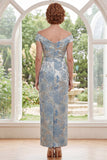 Blue Off the Shoulder Bodycon Jacquard Floral Long Mother Of the Bride Dress with Belt
