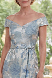 Blue Off the Shoulder Bodycon Jacquard Floral Long Mother Of the Bride Dress with Belt