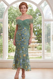 Mermaid Green Off the Shoulder Embroidered Floral Long Mother Of the Bride Dress