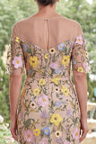 Champagne Illusion Neck Sheath Embroidered Floral Long Mother Of the Bride Dress with Slit