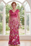 Fuchsia Mermaid Floral V-Neck Long Mother Of the Bride Dress with Cap Sleeves