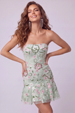 Strapless Sage Green Bodycon Embroidered Cocktail Dress with Ruffles