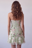 Strapless Sage Green Bodycon Embroidered Cocktail Dress with Ruffles