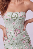Strapless Sage Green Bodycon Embroidered Cocktail Dress with Ruffles