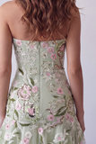 Strapless Sage Green Bodycon Embroidered Cocktail Dress with Ruffles