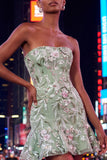 Strapless Sage Green Bodycon Embroidered Homecoming Dress with Ruffles