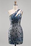 Sparkly Navy One Shoulder Bodycon Sequins Floral Homecoming Dress