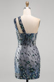 Sparkly Navy One Shoulder Bodycon Sequins Floral Homecoming Dress