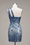 Sparkly Navy One Shoulder Bodycon Sequins Floral Homecoming Dress