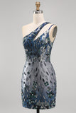 Sparkly Navy One Shoulder Bodycon Sequins Floral Homecoming Dress