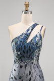 Sparkly Navy One Shoulder Bodycon Sequins Floral Homecoming Dress