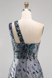Sparkly Navy One Shoulder Bodycon Sequins Floral Homecoming Dress